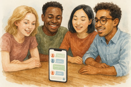Diverse group of friends smiling around smartphone engaged in conversation watercolor illustration....