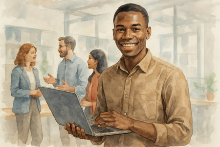Watercolor illustration of young african american man using laptop in office with diverse colleagues. concept of teamwork, professional environment, modern workplace.の写真素材