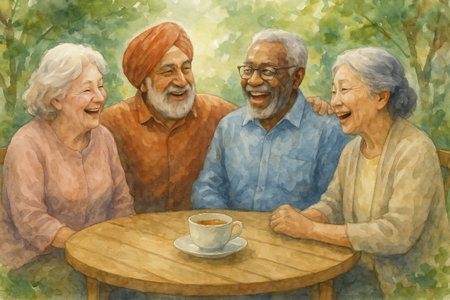 Senior friends gathering in the garden sharing laughter and warmth around a table with coffee. concept of friendship, cultural diversity, joyful companionship.の写真素材