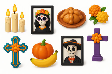 Colorful dia de los muertos altar with skull portraits, crosses, flowers, and food. concept of mexican tradition, celebration, cultural heritage.の写真素材