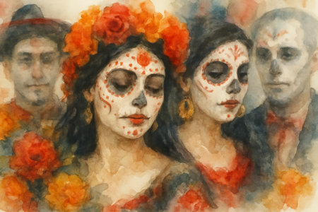 Watercolor day of the dead celebration featuring women with traditional face paint and floral decor. concept of mexican culture, festive tradition, artistic expression.の写真素材