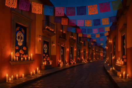 Evening celebration of dia de los muertos with candlelit streets and colorful banners in traditional mexican village. concept of cultural festivity, commemoration, nighttime ambiance.の写真素材