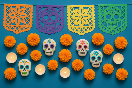 Colorful day of the dead skulls and marigold flowers on blue background. concept of mexican celebration, festive decoration, cultural heritage.の写真素材