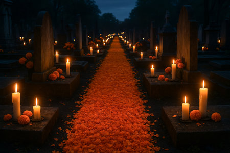 Day of the dead celebration with glowing candles and marigolds in cemetery at night. concept of cultural tribute, illuminated path, peaceful remembrance.の写真素材