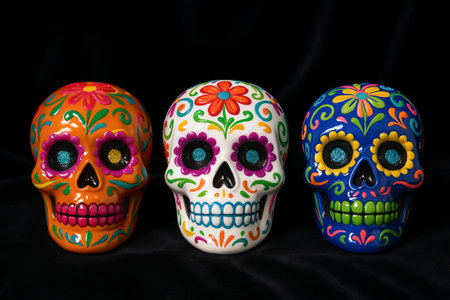Vibrant painted skulls art for dia de los muertos celebration with colorful floral patterns. concept...
