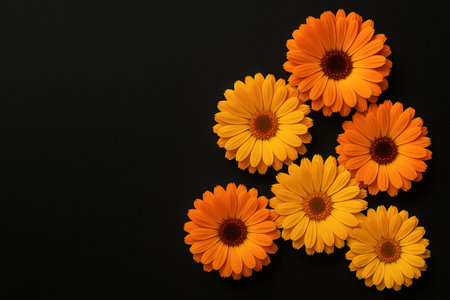 Vibrant calendula flowers on a dark background for elegant floral design. concept of natural beauty, botanical art, summer bloom, copy space.の写真素材