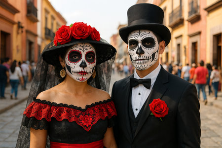 Day of the dead couple in traditional makeup and dress on a bustling street. concept of cultural celebration, mexican tradition, festive attire.の写真素材