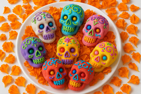 Colorful sugar skulls and orange petals celebrating day of the dead on white plate. concept of festive decoration, cultural tradition, vibrant colors.の写真素材