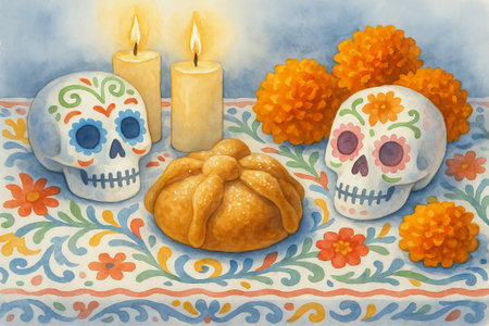 Day of the dead altar with sugar skulls, marigolds, and bread of the dead in colorful setup. concept of mexican tradition, cultural celebration, vibrant festive decor.の写真素材