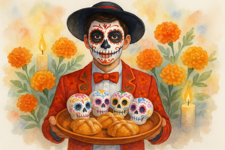 Day of the dead sugar skulls and bread with marigolds and candles in watercolor illustration. concept of mexican tradition, cultural celebration, festive decor.の写真素材