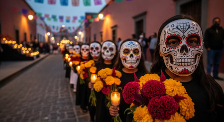 Day of the dead celebration with individuals wearing sugar skull masks and holding flowers on a festive street. concept of cultural tradition, mexican holiday, community gathering.の写真素材