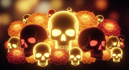 Day of the dead glowing skulls and vibrant marigold flowers composition for dia de los muertos celebration. concept of mexican tradition, festive decor, cultural holiday.の写真素材