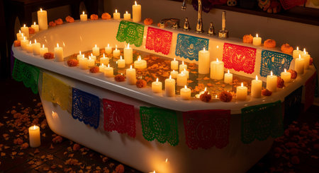Festive bathtub decorated with candles and colorful papel picado for day of the dead celebration. concept of mexican traditions, relaxation, cultural colorfulness.の写真素材