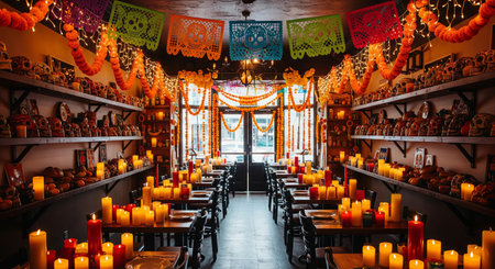 Vibrant day of the dead decor with colorful candles and papel picado in mexican cafe interior....