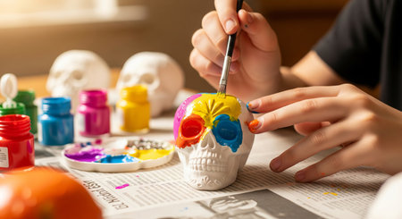 Colorful day of the dead skull painting activity with vibrant paints and brush on table. concept of cultural art, festive craft, creative expression.の写真素材