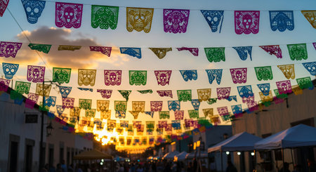Colorful papel picado banners hanging above street at sunset during day of the dead celebration. concept of cultural festivity, mexican tradition, vibrant decor.の写真素材