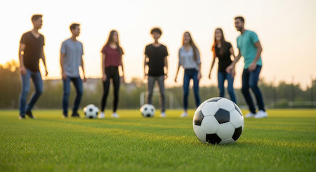 Group of diverse young adults playing soccer in open park field during sunset. concept of team sports, recreation, outdoor activity.の写真素材