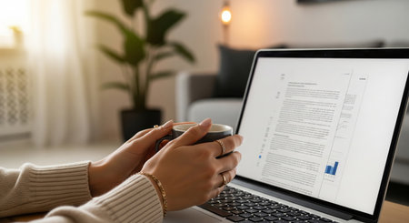 Young caucasian woman holding a cup of coffee at home while working on a laptop with documents on the screen. concept of remote work, cozy home office, focus.の写真素材