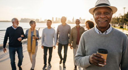 Smiling african american man enjoying coffee with friends on riverside walkway at sunset. concept of friendship, outdoor leisure, urban lifestyle.の写真素材