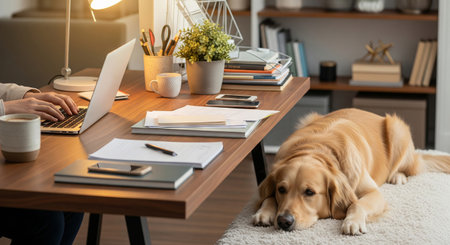 Cozy home office setup with golden retriever resting on rug in contemporary workspace. concept of productivity, pet companionship, relaxed work environment.の写真素材