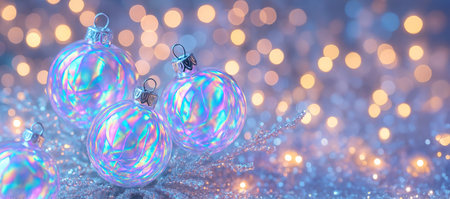Iridescent christmas baubles sparkling against a simple compose background for elegant holiday decor...