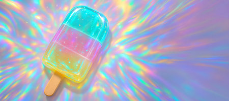 Iridescent popsicle delight with vibrant colors and shimmering glow on a rainbow background. concept of refreshing summer treat, rainbow aesthetic, magical dessert, banner, copy space.の写真素材