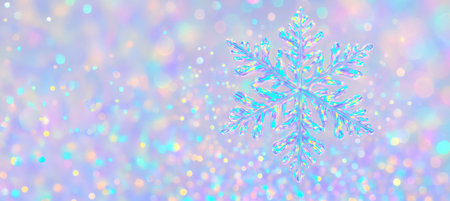 Iridescent crystal snowflake on textured background for winter decor and holiday celebration. concept of frozen beauty, seasonal decoration, winter charm, banner, copy space.の写真素材