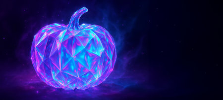 Iridescent pumpkin glow illustration showcasing futuristic design with vibrant colors. concept of halloween creativity, modern art, seasonal festivity, banner, copy space.の写真素材