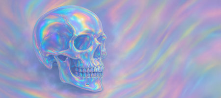 Holographic crystal skull illustration with colorful aura for futuristic and psychedelic art concept of digital design, dreamlike visuals, and modern creativity, banner, copy space.の写真素材