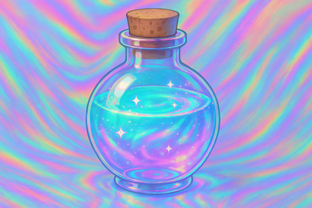 Luminous potion bottle illustration with magical glow and sparkling holographic colors for fantasy and alchemy enthusiasts. concept of mystical elixir, enchanting design, magical substance.の写真素材