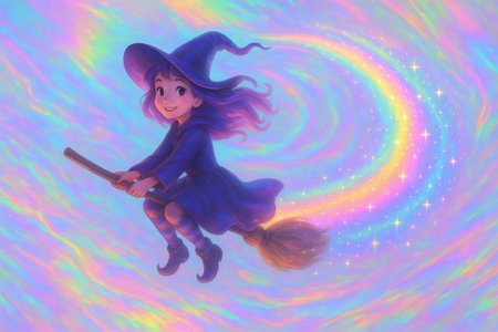 Illustration of a young witch riding a broomstick through a vibrant rainbow in a magical dreamlike setting. concept of fantasy adventure, colorful magic, whimsical flight.の写真素材