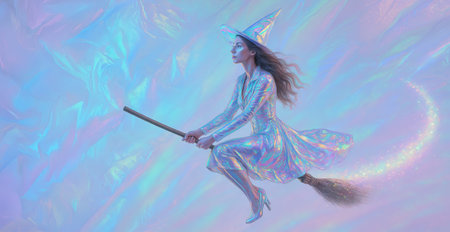 Colorful witch flying on broomstick illustration with transparent background. concept of magical adventure, witchcraft, fantasy art, banner, copy space.の写真素材