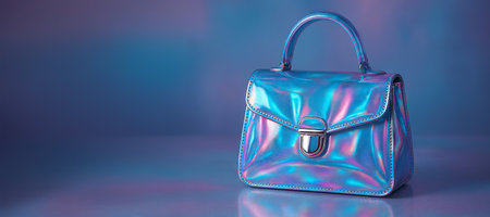 Iridescent holographic handbag with vivid colors and reflective surface on simple background. concept of fashion accessory, stylish bag, modern design, banner, copy space.の写真素材