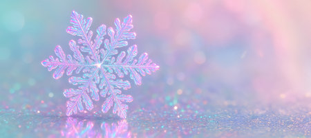 Iridescent snowflake sparkle with simple elegant composition featuring glittering pastel colors and dreamy atmosphere in abstract winter wonderland scene, banner, copy space.の写真素材