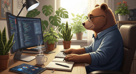 Bear working on computer surrounded by plants in cozy home office illustration. concept of productivity, nature-inspired workspace, relaxed working atmosphere.の写真素材