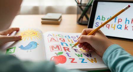 Young caucasian boy learning alphabet and drawing in a coloring book indoors. concept of education,...