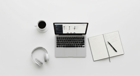 Minimalist workspace with laptop headphones coffee and notebook on white background. concept of modern work setup clean desk organization technology.の写真素材