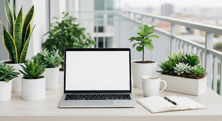 Modern home office setup with laptop and notebook on balcony surrounded by potted plants. concept of remote work, urban gardening, outdoor workspace.の写真素材