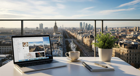 Laptop and notepad on balcony with scenic city skyline view. concept of urban workspace, cityscape inspiration, productive work environment.の写真素材