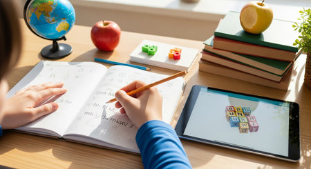 Child's hands writing in a notebook with pencil surrounded by educational tools including a globe, apples, and technology at a sunlit desk. concept of learning, education, study.の写真素材
