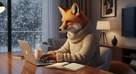 Cozy fox in sweater working on laptop with coffee during winter snowfall. concept of anthropomorphic animal, cozy workspace, winter relaxation.の写真素材