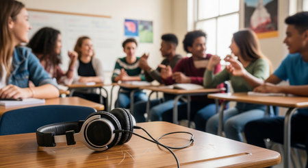 African american students engaging in lively classroom discussion with focus on headphones in foreground. concept of education, technology in learning, interactive classroom.の写真素材
