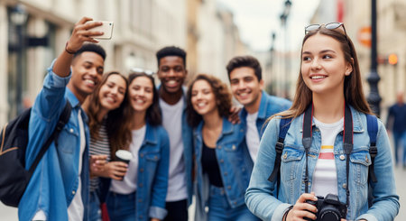 Group of diverse young friends taking a selfie and exploring city streets with smiles and joy....