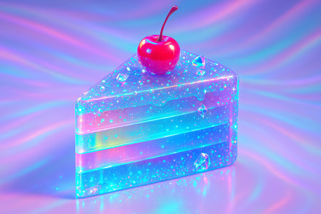 Holographic rainbow jelly cake slice with cherry on iridescent background for modern dessert art. concept of futuristic confection, vibrant color, culinary innovation.の写真素材