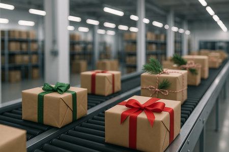 Wrapped christmas gifts on conveyor belt in warehouse with simple composition for holiday...