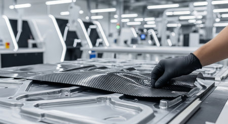 Hand in black glove handling carbon fiber sheet in high-tech factory with bright lights. concept of...
