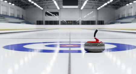Curling stone on ice rink at indoor curling arena. concept of winter sports, precision technique,...