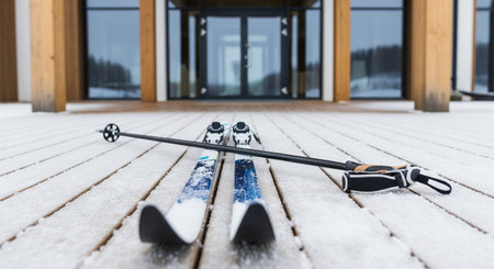 Cross country ski equipment on snowy wooden deck outside modern cabin entrance. concept of winter sports, outdoor adventure, alpine vacation.の写真素材