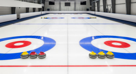 Curling stone set on ice rink showing sport equipment and game strategy concept for winter sports,...