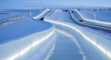 Winter twilight scene of an illuminated icy slide with sleds in a snowy landscape. concept of...